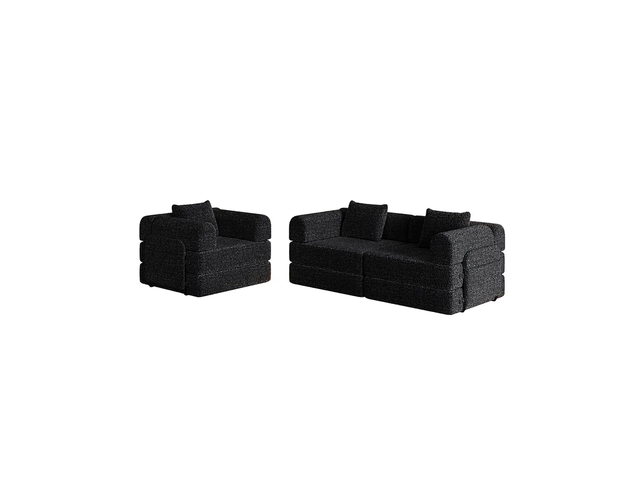 Sofa 3 Sitzer Modular aus Chenille - Klappbares SofaBett - mit StauTaschen und Rahmen - Schwarz