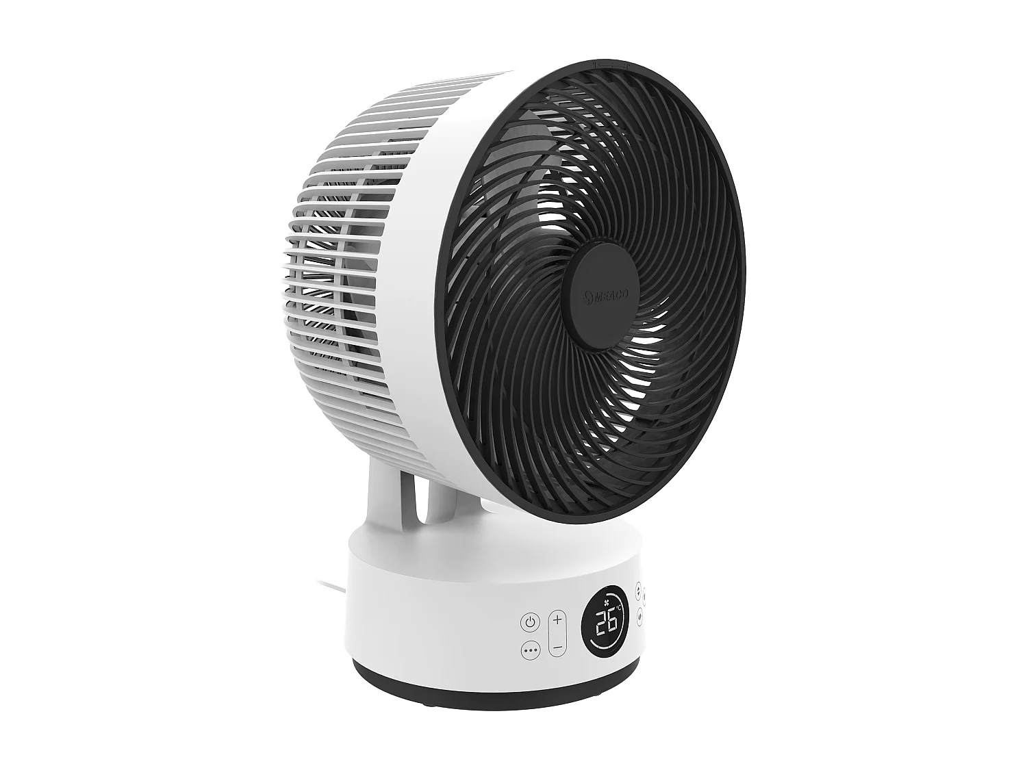 Ventilateur de table silencieux MEACO MeacoFan Sefte 10", moteur sans balais, oscillation H/V et télécommande lumineuse blanche.