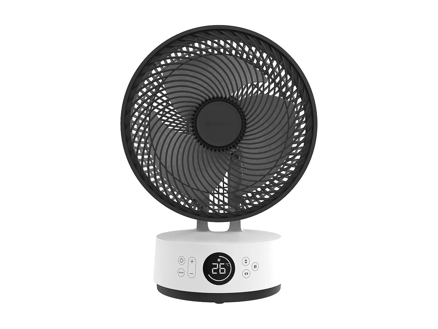 Ventilateur de table silencieux MEACO MeacoFan Sefte 10", moteur sans balais, oscillation H/V et télécommande lumineuse blanche.