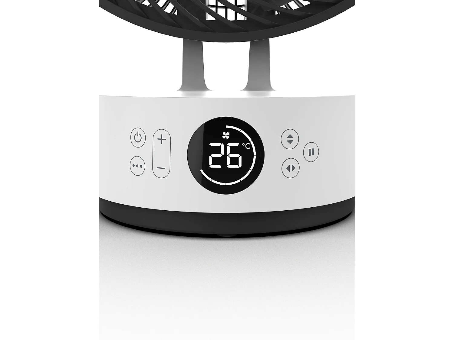 Ventilateur de table silencieux MEACO MeacoFan Sefte 10", moteur sans balais, oscillation H/V et télécommande lumineuse blanche.