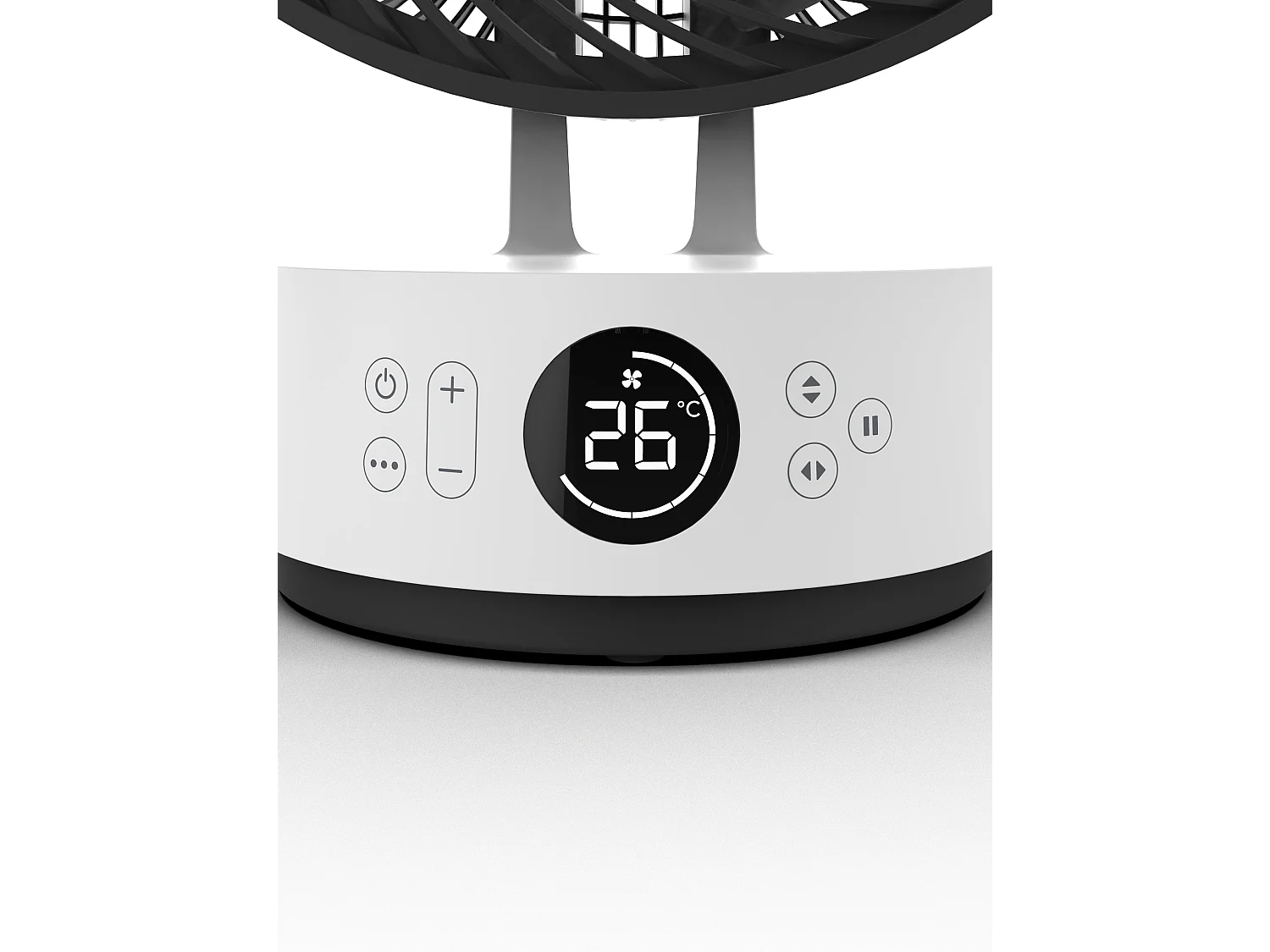 Ventilateur de table silencieux MEACO MeacoFan Sefte 10", moteur sans balais, oscillation H/V et télécommande lumineuse blanche.