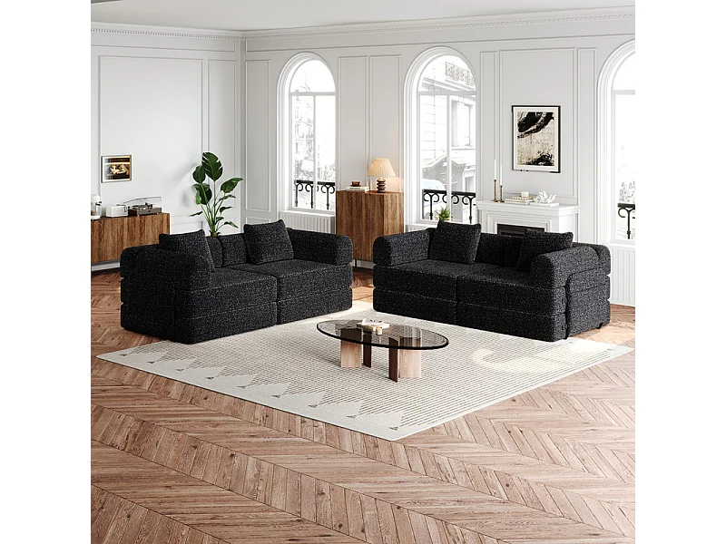 Sofa 4 Sitzer Modular aus Chenille - Klappbares SofaBett - mit StauTaschen und Rahmen - Schwarz