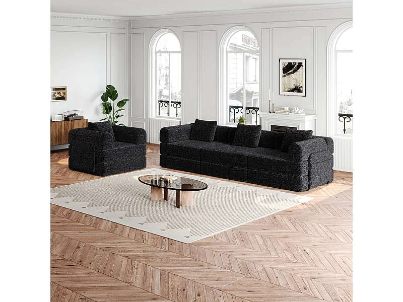 Sofa 4 Sitzer Modular aus Chenille - Klappbares SofaBett - mit StauTaschen und Rahmen - Schwarz