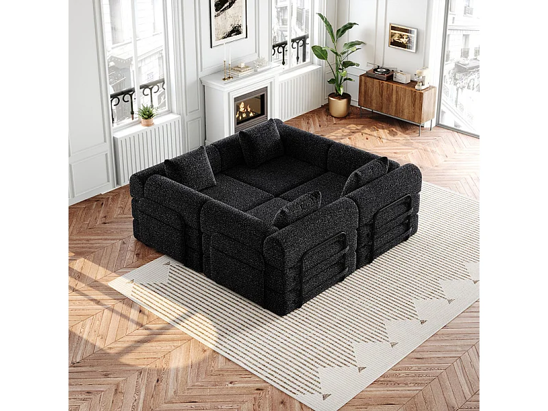 Sofa 4 Sitzer Modular aus Chenille - Klappbares SofaBett - mit StauTaschen und Rahmen - Schwarz