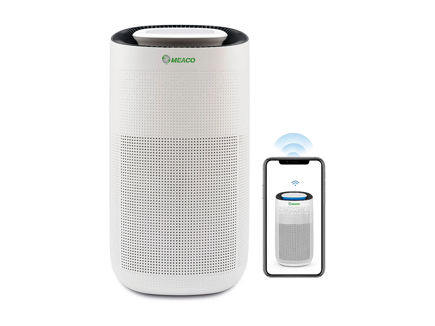 Purificateur d’air Wi-Fi MEACO MeacoClean CA-HEPA 76x5, filtre HEPA H13, ultra-silencieux 25 dB, capteur de qualité d’air, pour maison/bureau, couleur blanche.