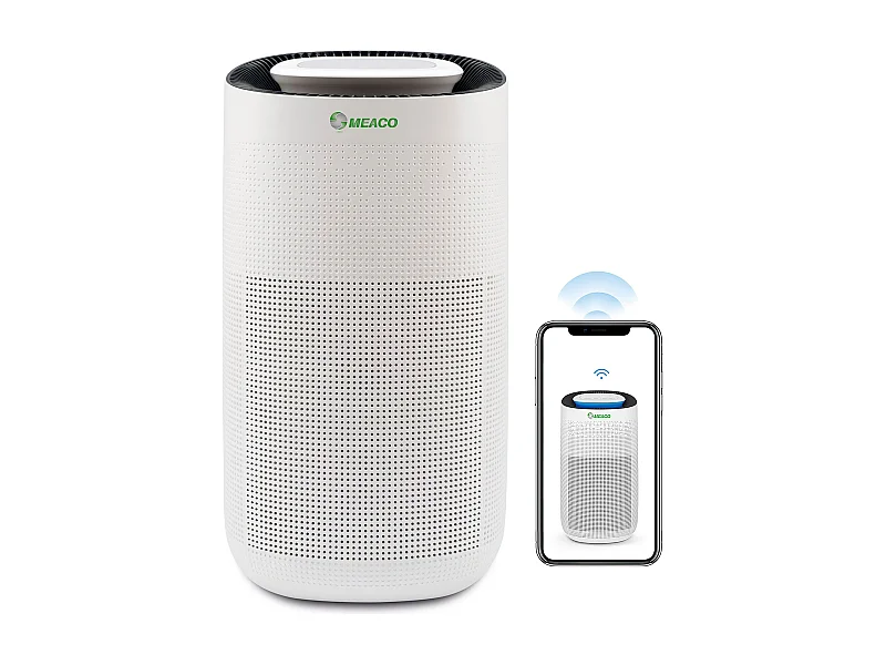 MEACO MeacoClean CA-HEPA 76x5 Luftreiniger mit Wi-Fi, HEPA H13 Filter, flüsterleise 25 dB, Luftqualitätssensor, für Zuhause/Büro, Farbe Weiß.