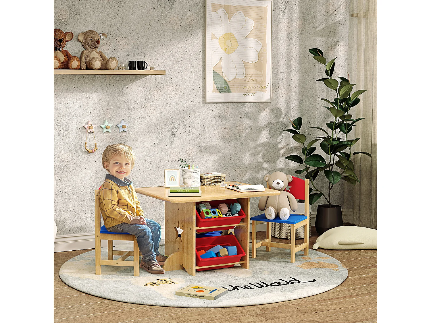Ensemble table et chaises enfant - 4 bacs de rangement inclus - MDF bois pin clair rouge bleu