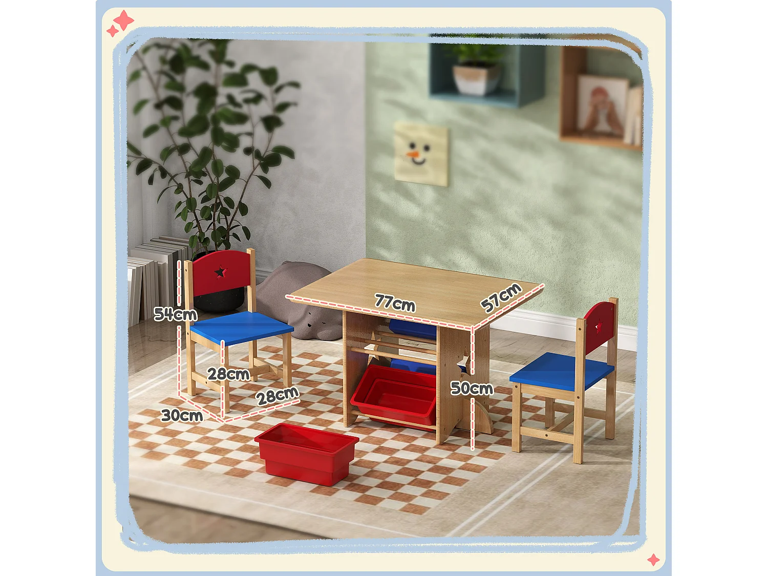 Ensemble table et chaises enfant - 4 bacs de rangement inclus - MDF bois pin clair rouge bleu