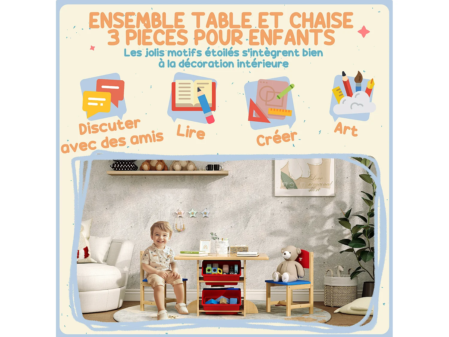 Ensemble table et chaises enfant - 4 bacs de rangement inclus - MDF bois pin clair rouge bleu