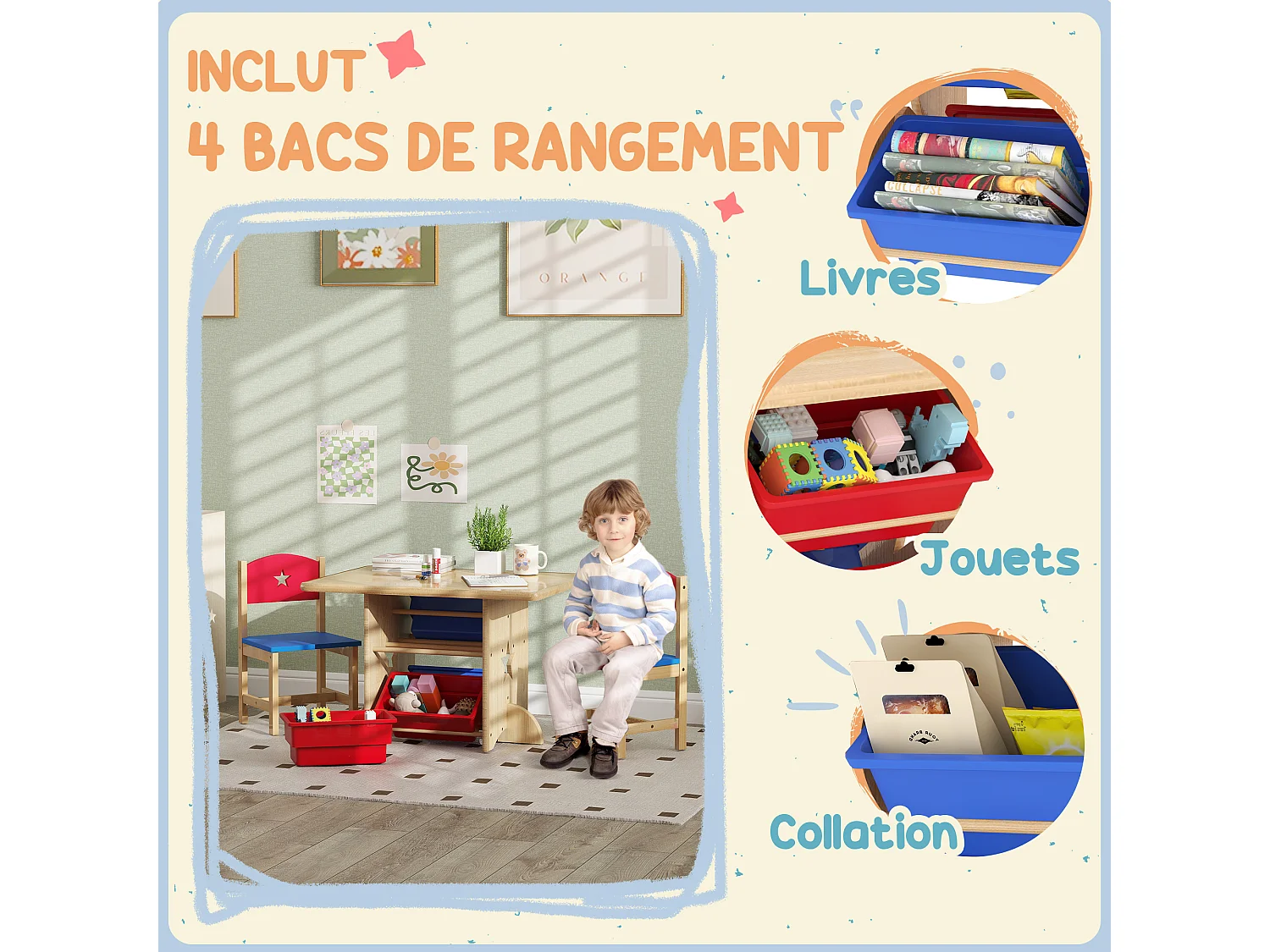 Ensemble table et chaises enfant - 4 bacs de rangement inclus - MDF bois pin clair rouge bleu