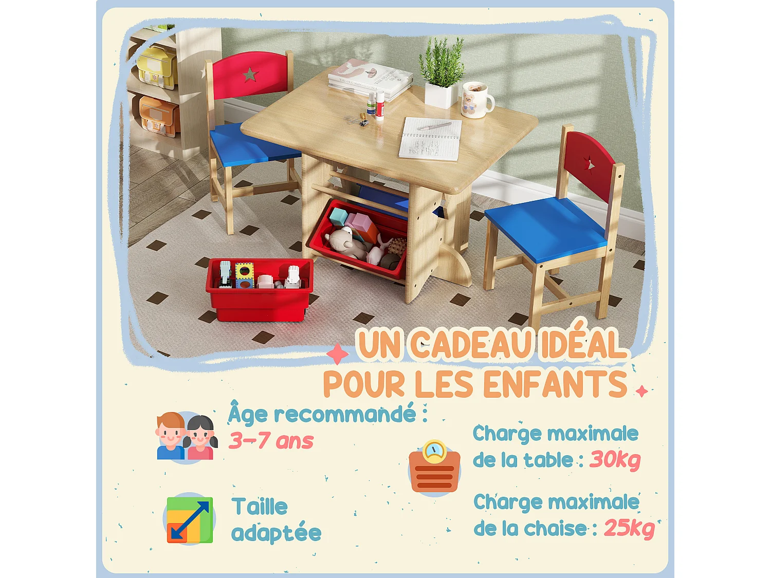 Ensemble table et chaises enfant - 4 bacs de rangement inclus - MDF bois pin clair rouge bleu
