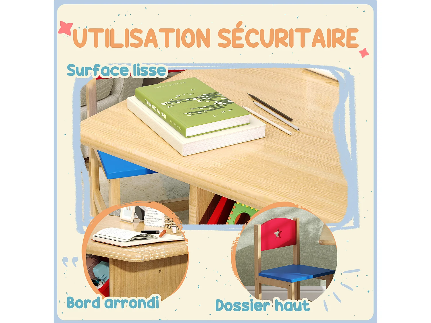 Ensemble table et chaises enfant - 4 bacs de rangement inclus - MDF bois pin clair rouge bleu