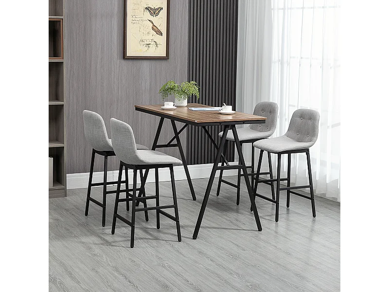 Ensemble table de bar 4 chaises de bar style industriel piètement acier noir plateau effet bois noyer tissu gris clair