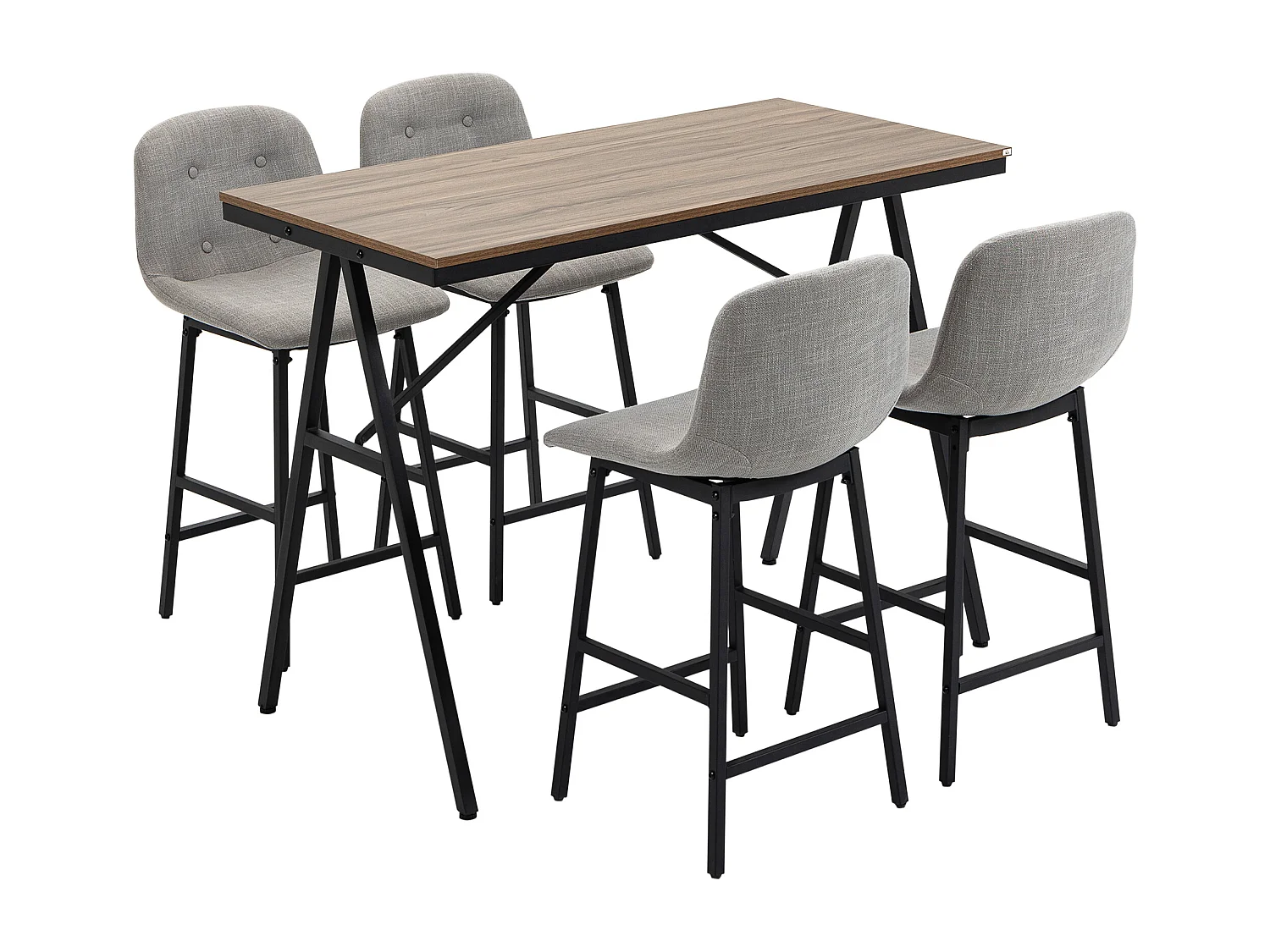 Ensemble table de bar 4 chaises de bar style industriel piètement acier noir plateau effet bois noyer tissu gris clair