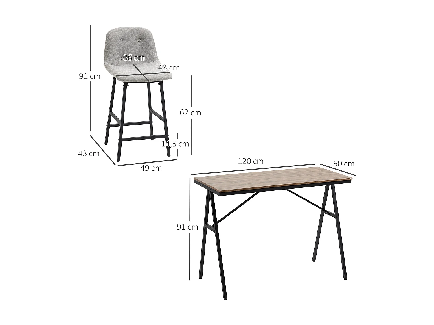 Ensemble table de bar 4 chaises de bar style industriel piètement acier noir plateau effet bois noyer tissu gris clair