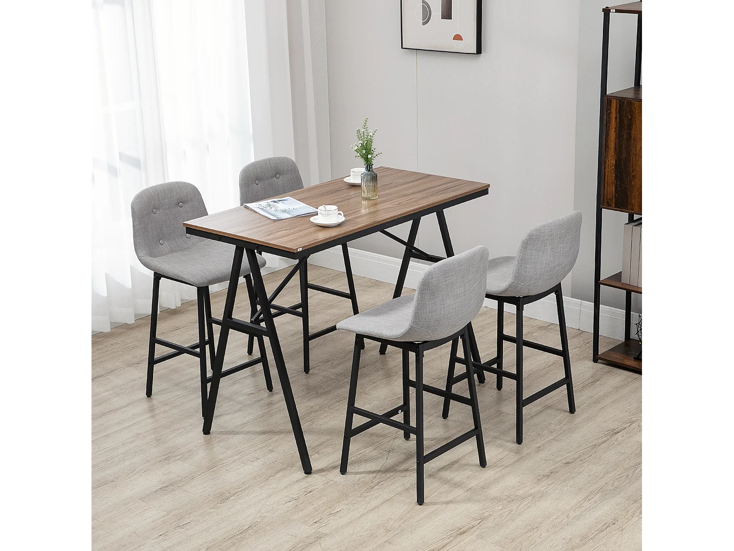Ensemble table de bar 4 chaises de bar style industriel piètement acier noir plateau effet bois noyer tissu gris clair