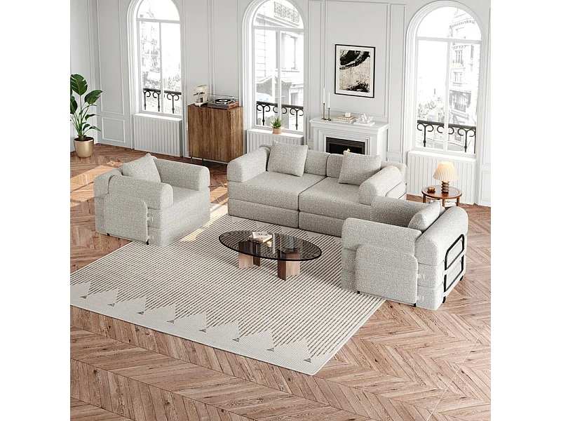 Canapé 4 places modulable en chenille - canapé-lit pliant - avec poches rangement et cadres extérieur - Kaki