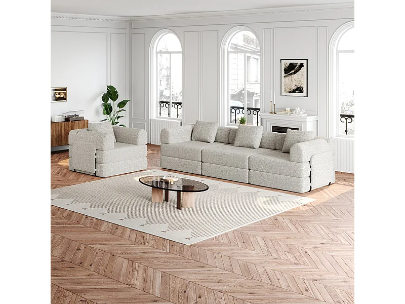 Canapé 4 places modulable en chenille - canapé-lit pliant - avec poches rangement et cadres extérieur - Kaki