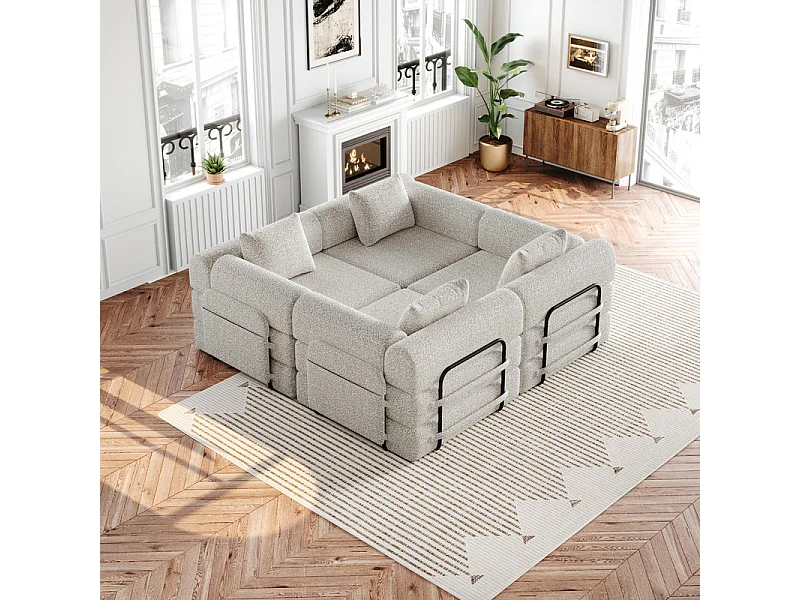 Canapé 4 places modulable en chenille - canapé-lit pliant - avec poches rangement et cadres extérieur - Kaki