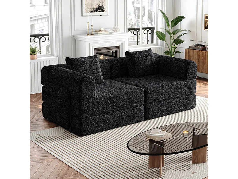 Canapé 2 places modulable en chenille - avec poches rangement - cadres extérieur métalliques - canapé-lit pliant - Noir