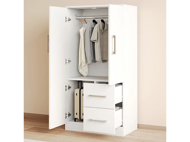 Armario 2 Puertas 2 Cajones, Compartimentos Almacenamiento, Blanco 70x40x135cm