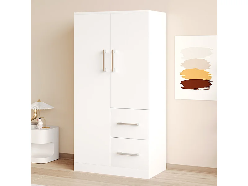 Armoire 2 portes et 2 tiroirs, avec compartiments de rangement, Blanc, 70x40x135cm