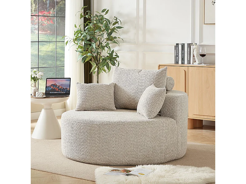 Fauteuil paresseux rond en chenille, rembourrage de mousse haute densité, avec 3 coussins, Kaki, 127x127x85cm