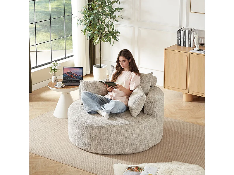 Fauteuil paresseux rond en chenille, rembourrage de mousse haute densité, avec 3 coussins, Kaki, 127x127x85cm