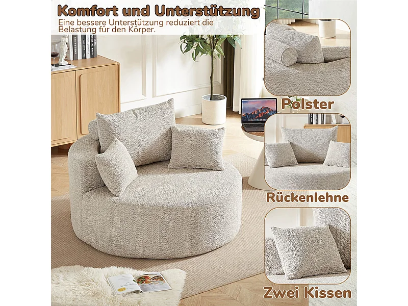 Fauteuil paresseux rond en chenille, rembourrage de mousse haute densité, avec 3 coussins, Kaki, 127x127x85cm