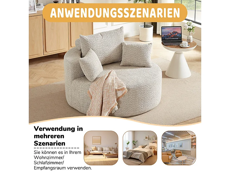 Fauteuil paresseux rond en chenille, rembourrage de mousse haute densité, avec 3 coussins, Kaki, 127x127x85cm