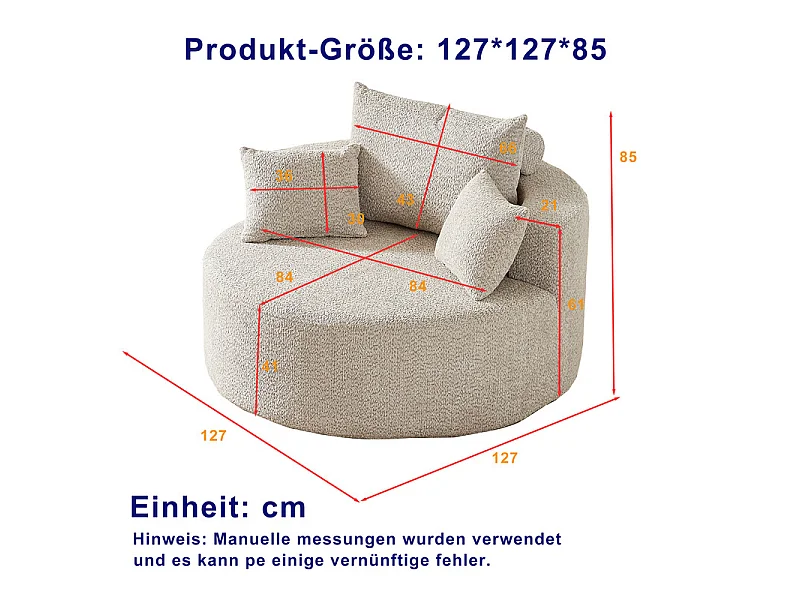 Fauteuil paresseux rond en chenille, rembourrage de mousse haute densité, avec 3 coussins, Kaki, 127x127x85cm