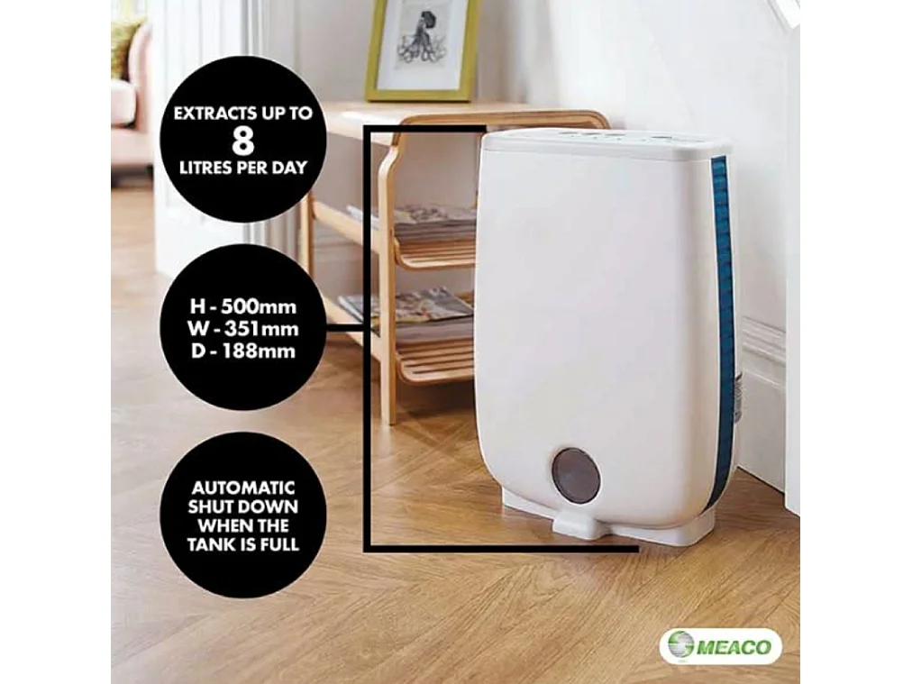 Déshumidificateur Meaco DD8L Junior – 8 L/jour, basse consommation, compact, silencieux, technologie avancée, contrôle intelligent