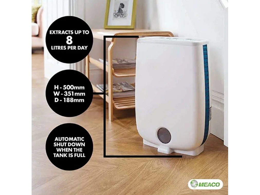 Déshumidificateur Meaco DD8L Junior – 8 L/jour, basse consommation, compact, silencieux, technologie avancée, contrôle intelligent
