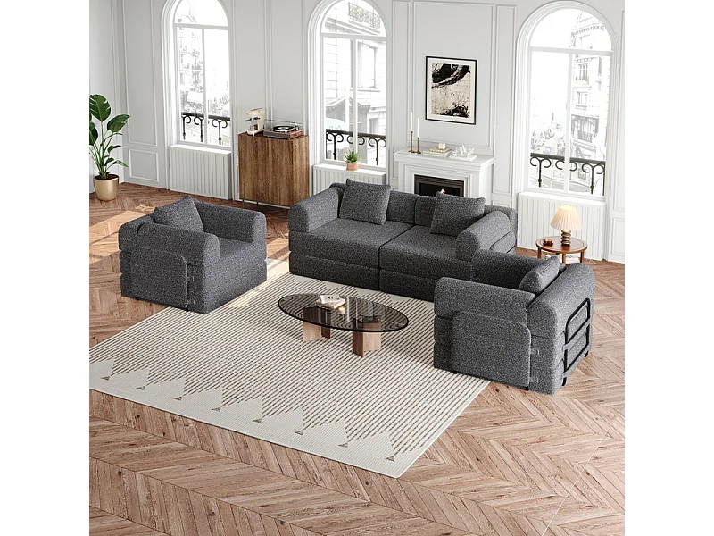 Sofa 4 Sitzer Modular aus Chenille - Klappbares SofaBett - mit StauTaschen und Rahmen - Grau