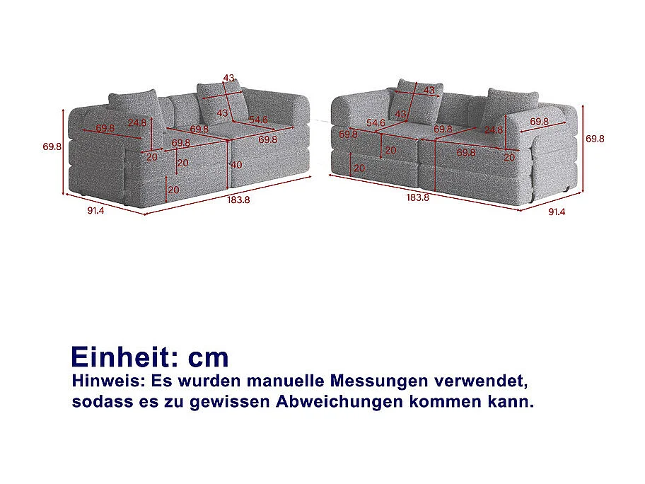 Sofa 4 Sitzer Modular aus Chenille - Klappbares SofaBett - mit StauTaschen und Rahmen - Grau