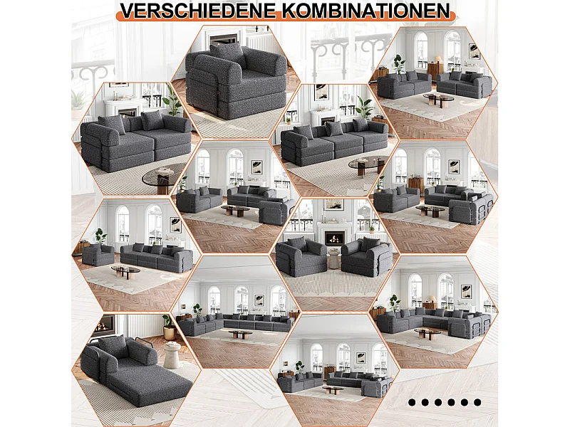 Sofa 4 Sitzer Modular aus Chenille - Klappbares SofaBett - mit StauTaschen und Rahmen - Grau