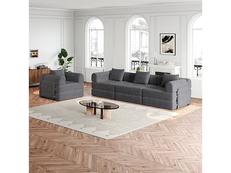 Canapé 4 places modulable en chenille - canapé-lit pliant - avec poches rangement et cadres extérieur - Gris