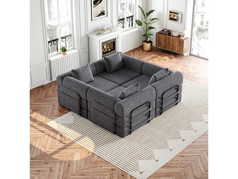 Canapé 4 places modulable en chenille - canapé-lit pliant - avec poches rangement et cadres extérieur - Gris