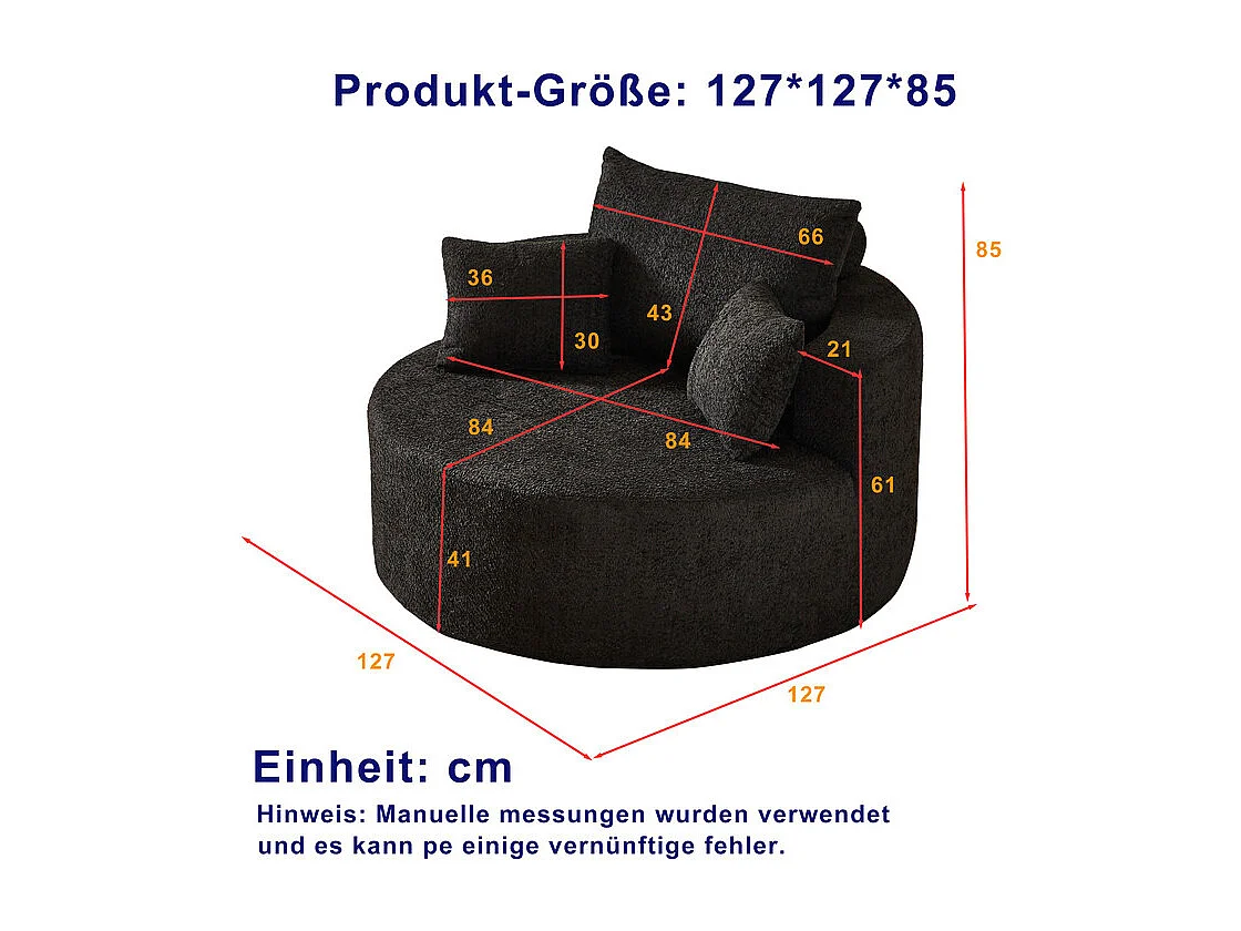Fauteuil paresseux rond en chenille, rembourrage de mousse haute densité, avec 3 coussins, Noir, 127x127x85cm
