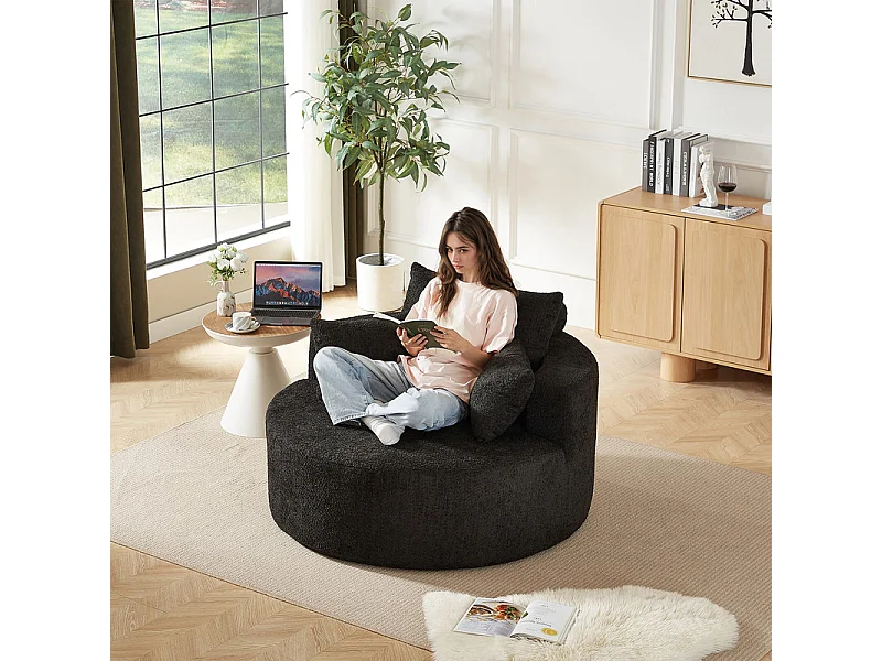 Fauteuil paresseux rond en chenille, rembourrage de mousse haute densité, avec 3 coussins, Noir, 127x127x85cm