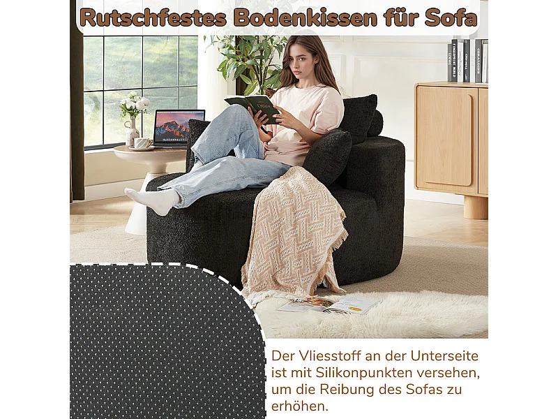 Fauteuil paresseux rond en chenille, rembourrage de mousse haute densité, avec 3 coussins, Noir, 127x127x85cm