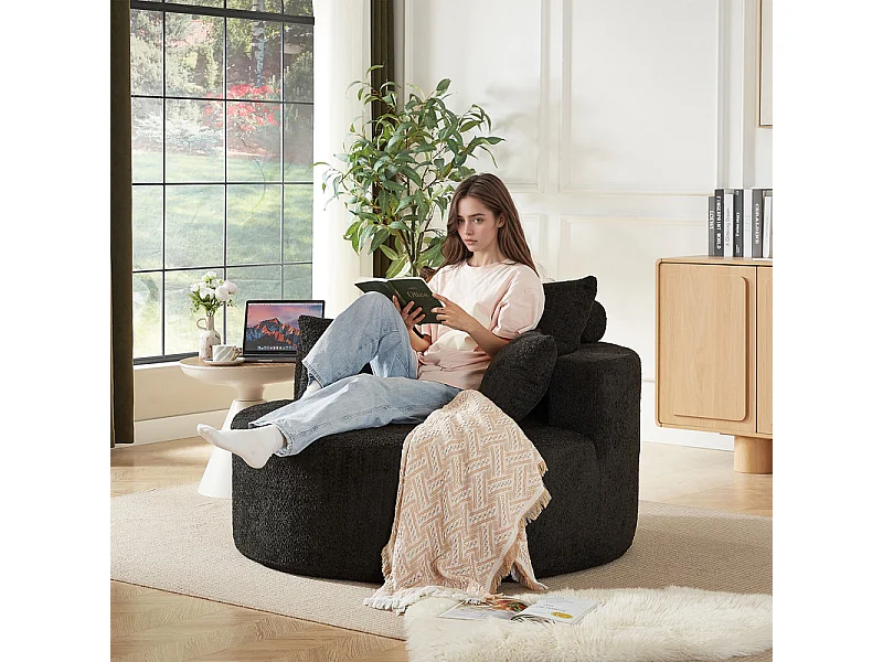 Fauteuil paresseux rond en chenille, rembourrage de mousse haute densité, avec 3 coussins, Noir, 127x127x85cm