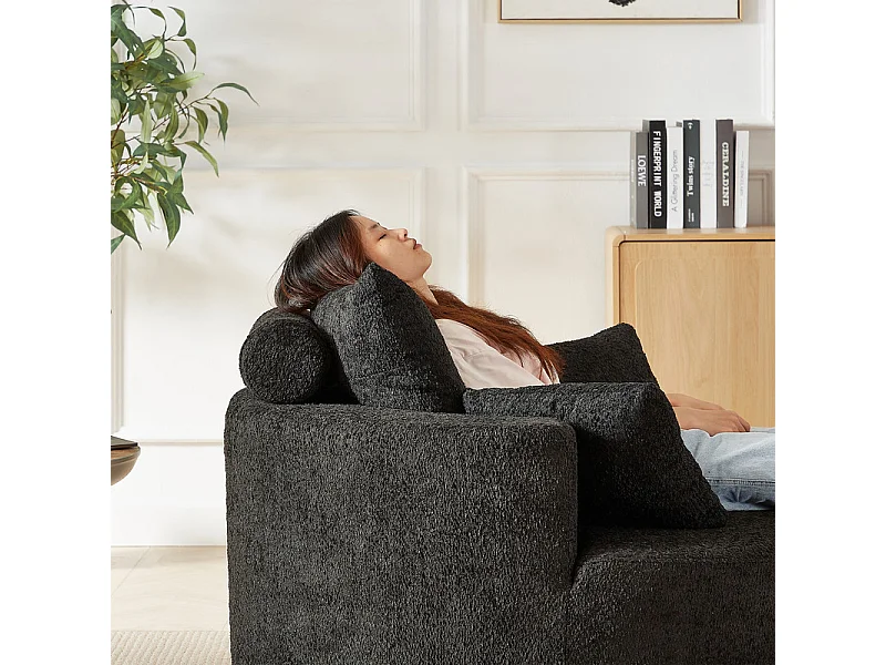 Fauteuil paresseux rond en chenille, rembourrage de mousse haute densité, avec 3 coussins, Noir, 127x127x85cm