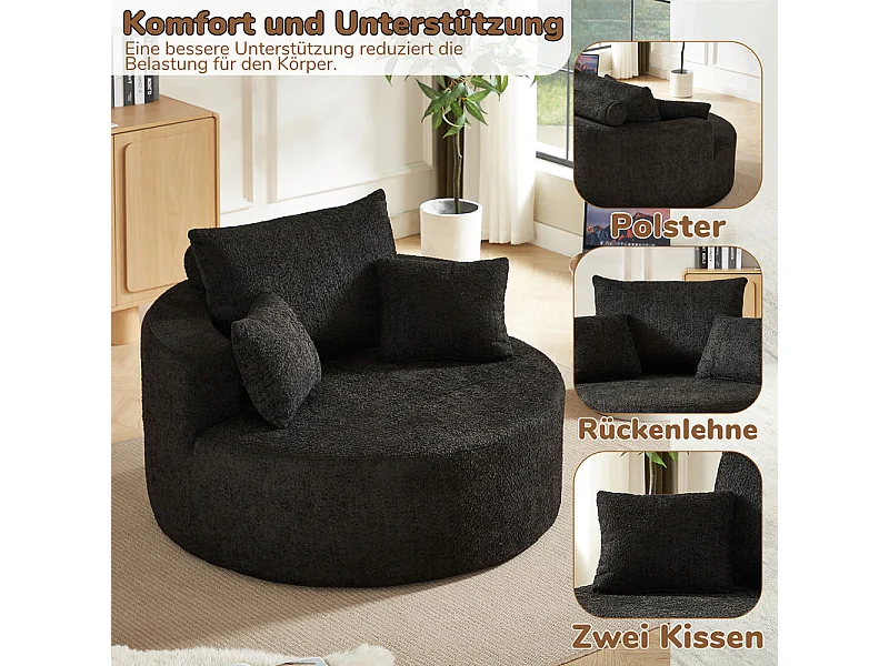Fauteuil paresseux rond en chenille, rembourrage de mousse haute densité, avec 3 coussins, Noir, 127x127x85cm