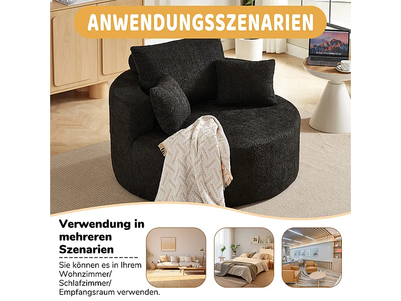 Fauteuil paresseux rond en chenille, rembourrage de mousse haute densité, avec 3 coussins, Noir, 127x127x85cm