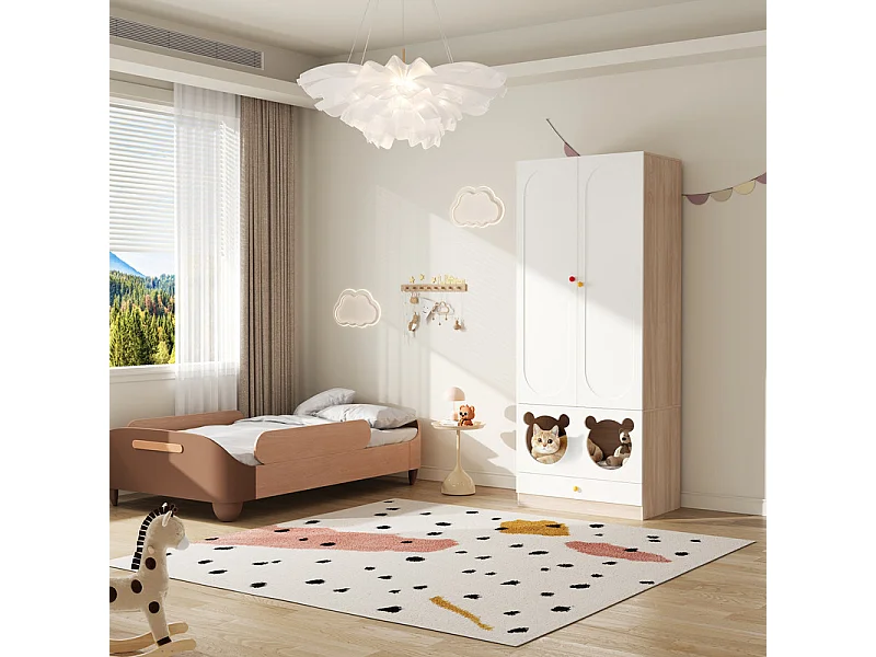 Armario 2 Puertas - con Cama Gato - Barra Colgar - MDF - Blanco + Natural 80x50x200cm