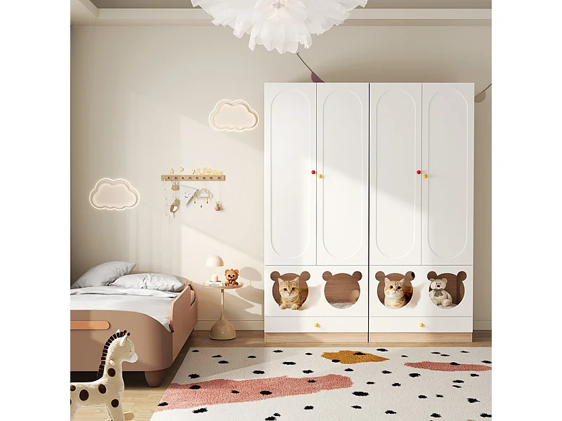 Armario 2 Puertas - con Cama Gato - Barra Colgar - MDF - Blanco + Natural 80x50x200cm