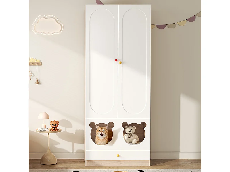 Armoire 2 portes - avec lit pour chat - barre de suspension - MDF - Blanc + Naturel - 80x50x200cm