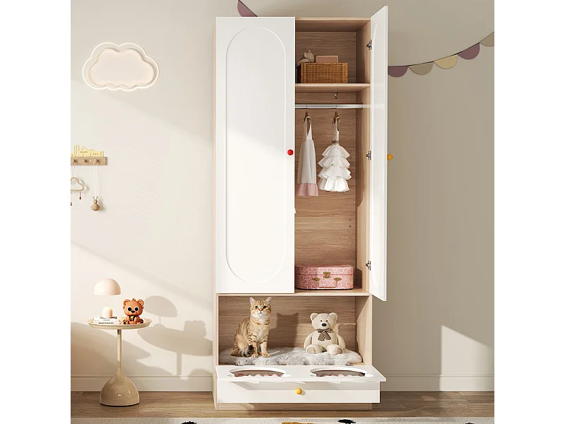 Armoire 2 portes - avec lit pour chat - barre de suspension - MDF - Blanc + Naturel - 80x50x200cm