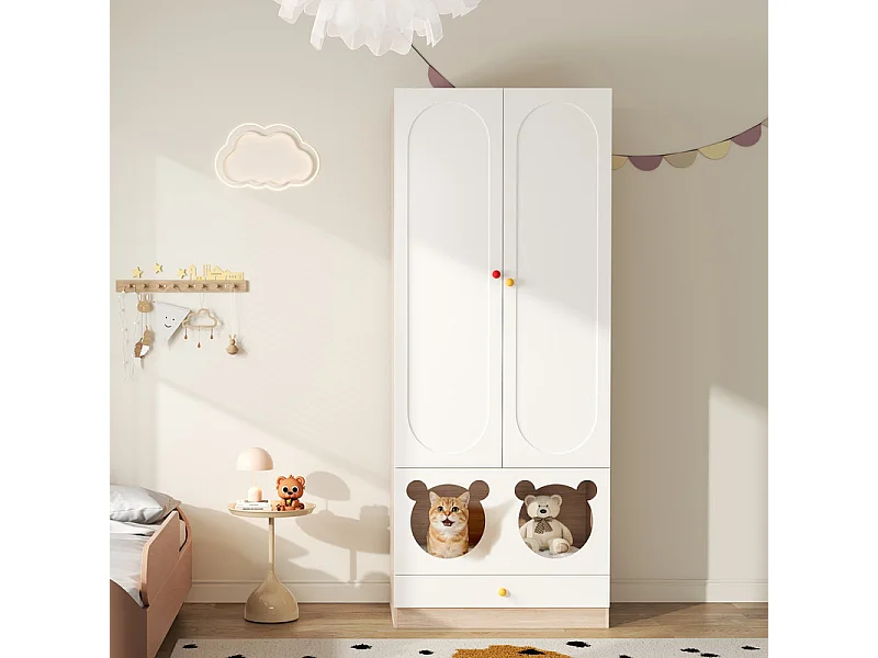 Armadio 2 Ante - con Letto Gatto - Asta Appendere - MDF - Bianco + Naturale 80x50x200cm